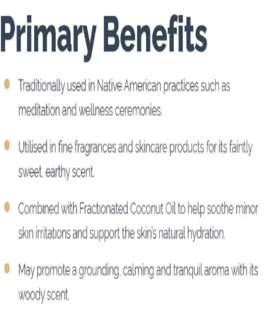 An informational graphic titled 'Primary Benefits' with four bullet points describing traditional uses, fragrance applications, skin benefits, and aroma characteristics on a pale background.