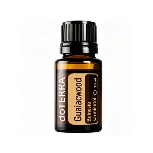 A 15 ml bottle of doTERRA Guaiacwood essential oil on a white background, with 'Guaiacwood 15 ml' text printed below.