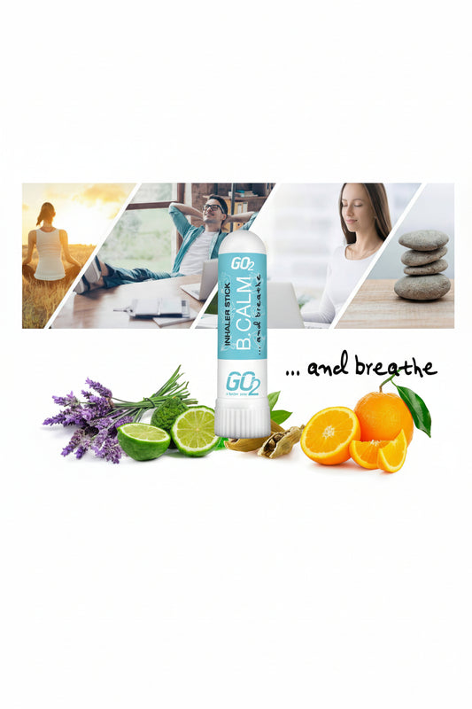 B.Calm GO2 inhaler stick with lavender, lime, orange, and lemon on a white background