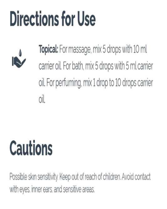 Directions for Use and Cautions text panel for a topical bath/perfume oil, with small icons and black text on a pale background.