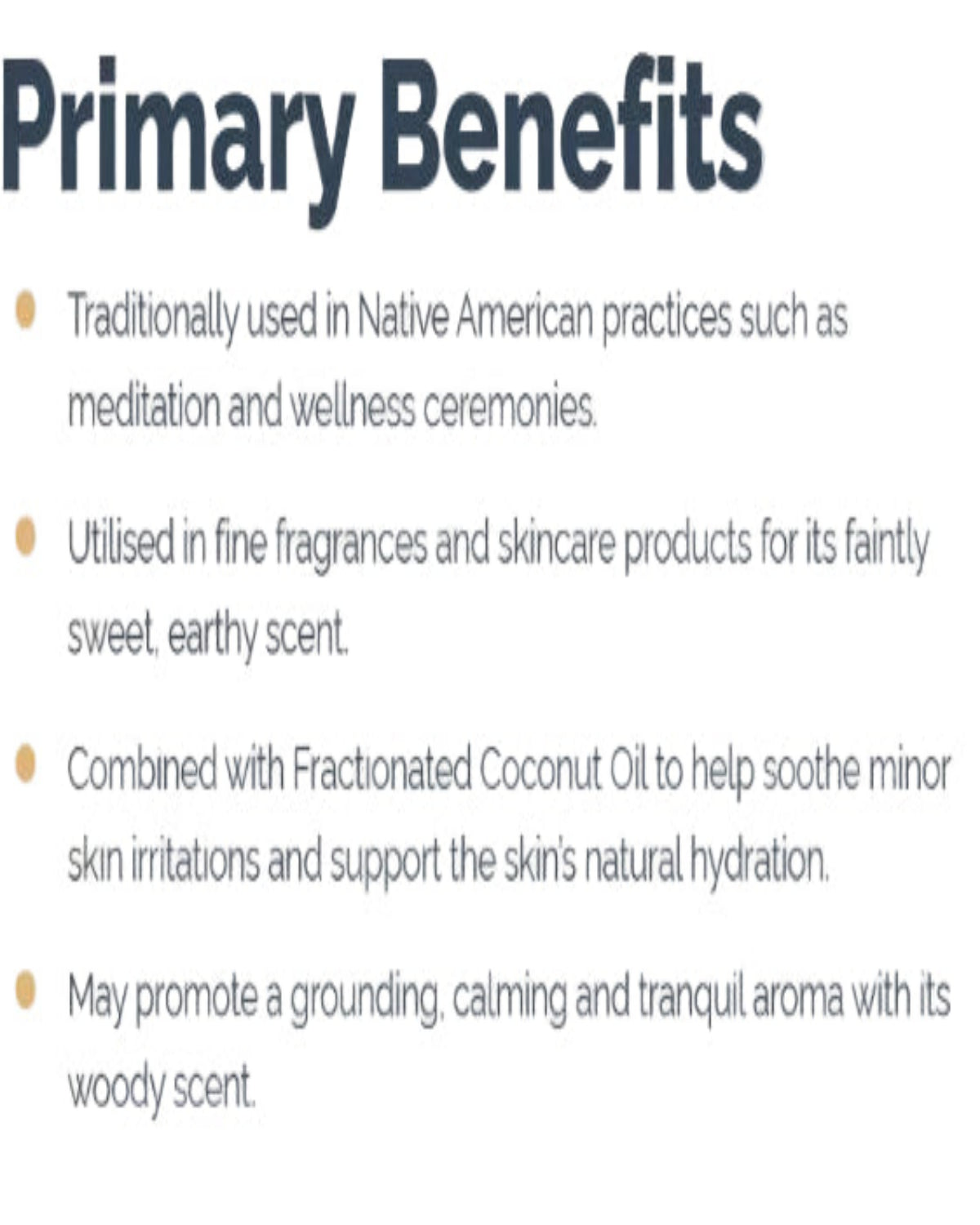 An informational graphic titled 'Primary Benefits' with four bullet points describing traditional uses, fragrance applications, skin benefits, and aroma characteristics on a pale background.