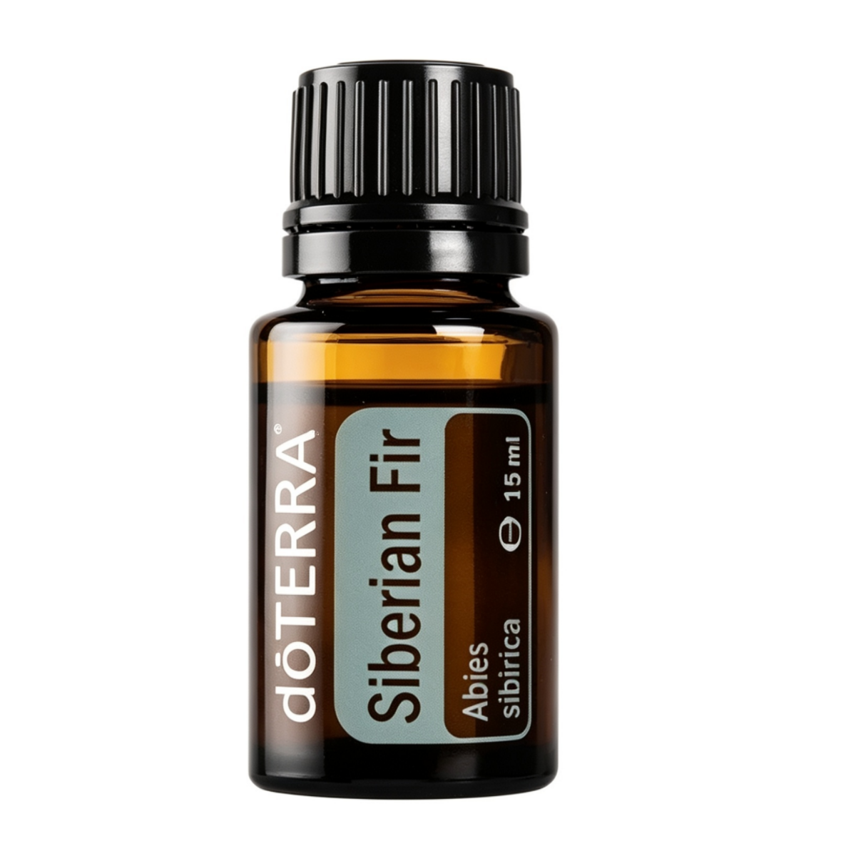 A 15 ml amber glass bottle of doTERRA Siberian Fir essential oil with a black ribbed cap, shown on a white background with text below.